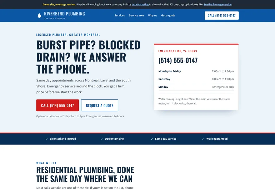 The Riverbend Plumbing one-page build, showing the phone number and the services on a single screen.