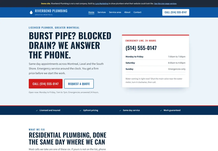 The Riverbend Plumbing five-page build home page, showing the navigation and the services.
