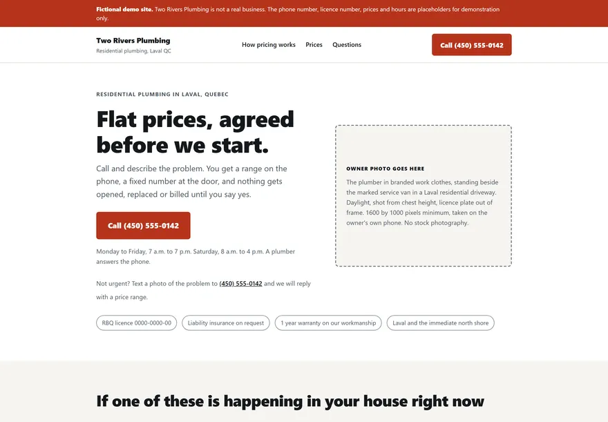 The Two Rivers Plumbing one-page build, showing flat prices and a call button.