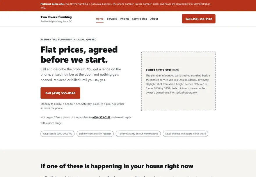 The Two Rivers Plumbing five-page build home page, showing the navigation and the pricing.